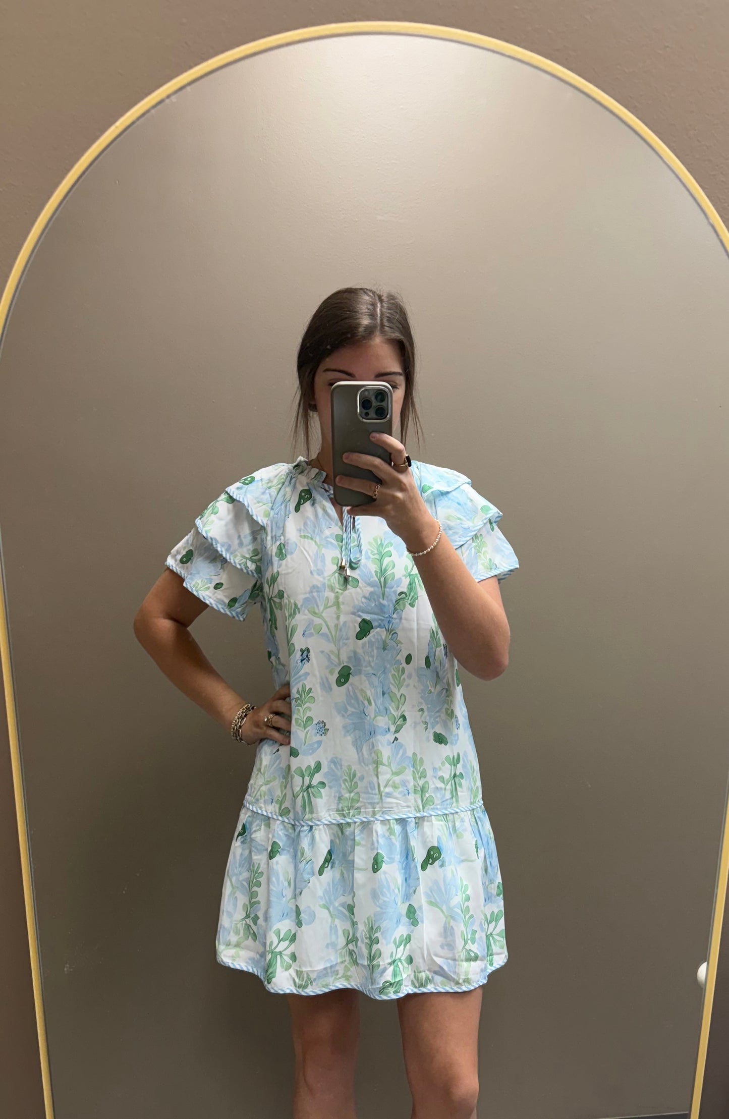 Blue and white print ruffle sleeve dress