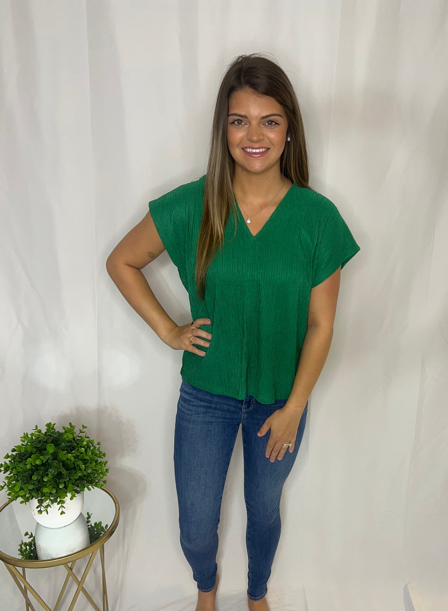 Green detail V-neck top