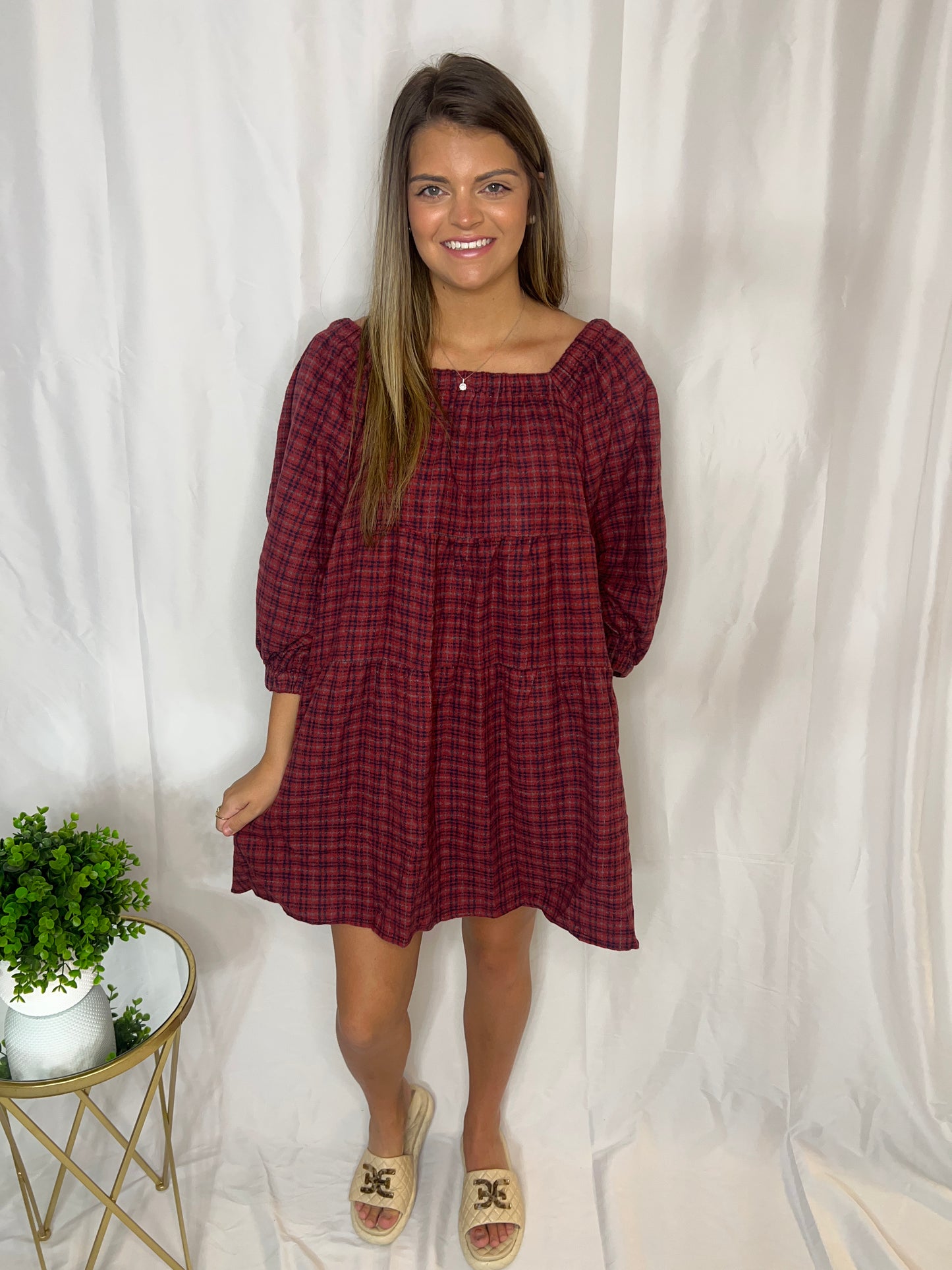 3/4 sleeve plaid dress with pockets