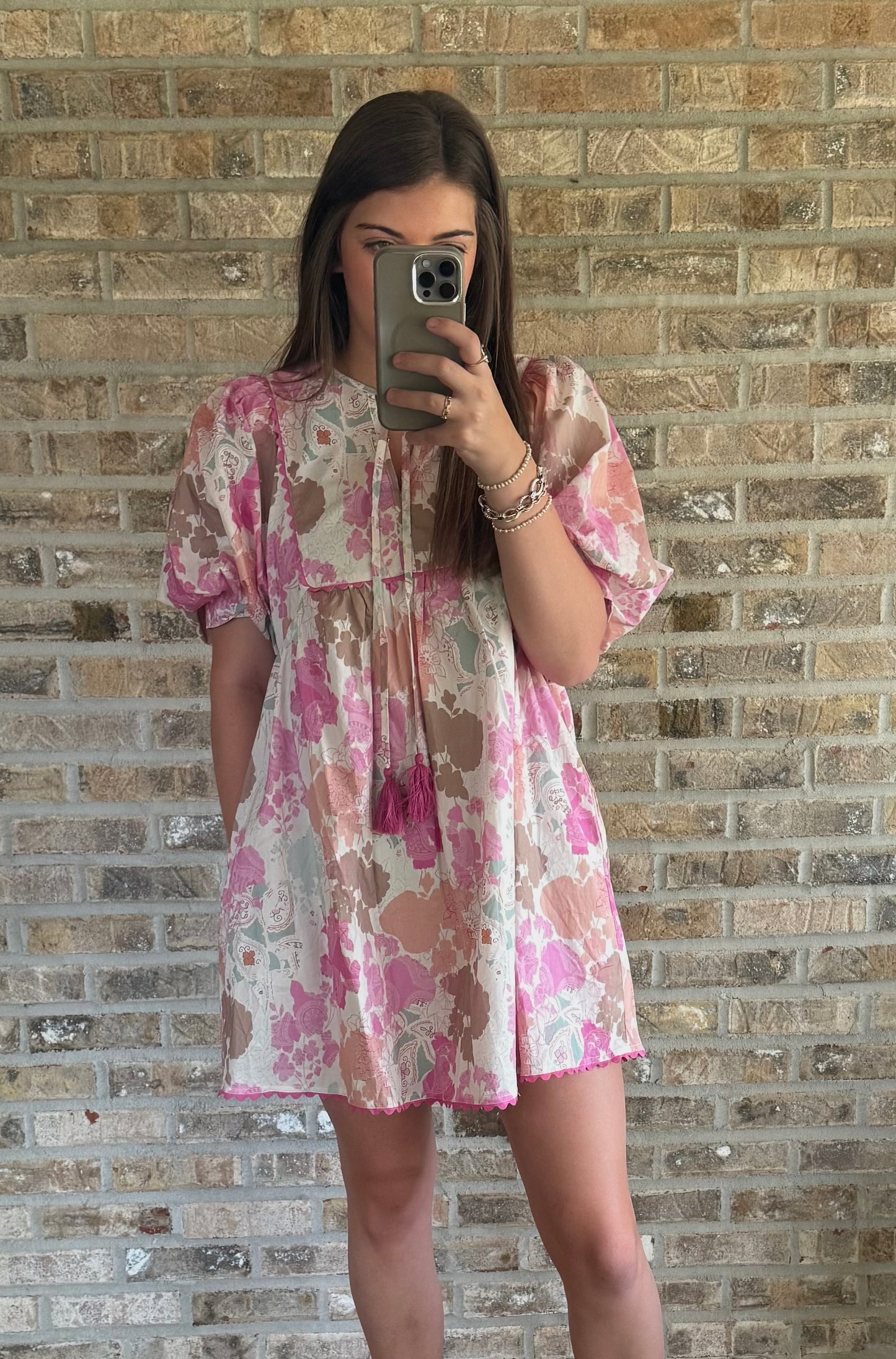 Floral bubble sleeve dress with pockets