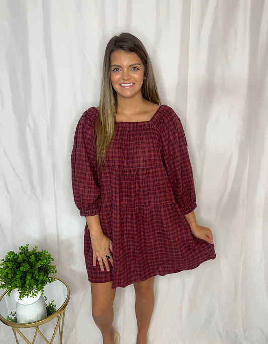 3/4 sleeve plaid dress with pockets